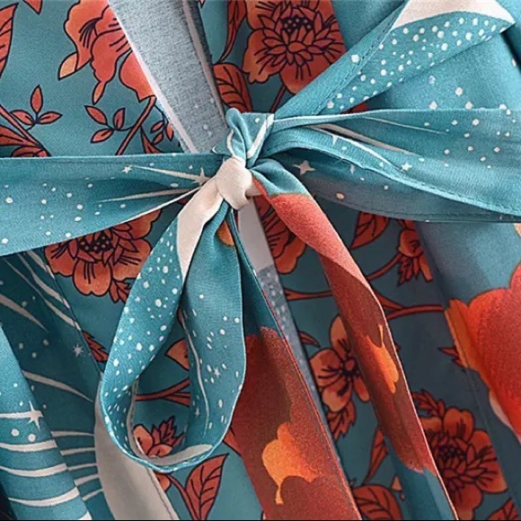 🌸 ROBE MOON SKY KIMONO DUSTER LONG MAXI KAFTAN BREATHE BOHEMIAN BOHO CHIC TEAL - Picture 7 of 12